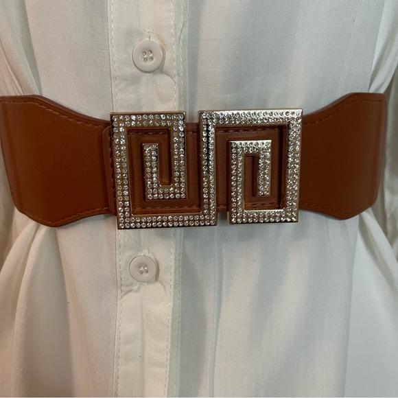 Brown PU leather rectangle buckle with rhinestones elastic waistband belt - Picture 1 of 8